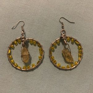 Yellow Crystal Hand Wrapped Silver Gem Earrings, Handmade